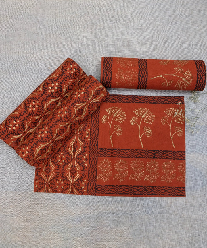 Set of 6 Burnt Orange Cotton Canvas  Hand Block Printed Table Mats