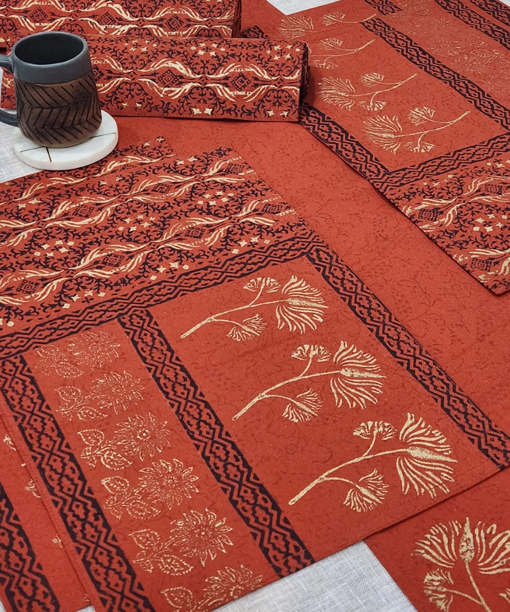 Set of 6 Burnt Orange Cotton Canvas  Hand Block Printed Table Mats