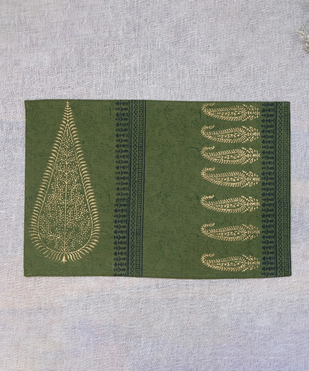 Olive Block Print Table Linen Gift Set | 1 Runner + 6 Mats + 6 Napkins