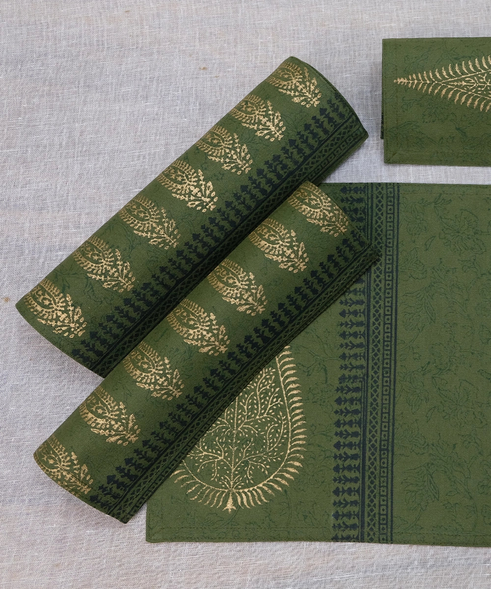 Set of 6 Olive Cotton Canvas Hand Block Printed Table Mats