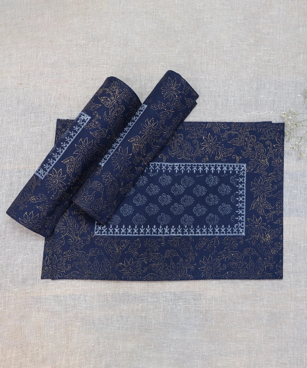 Set of Navy with Golden & Grey Hand Block Printed Cotton Canvas Table Runner with 6 pcs Table Mats