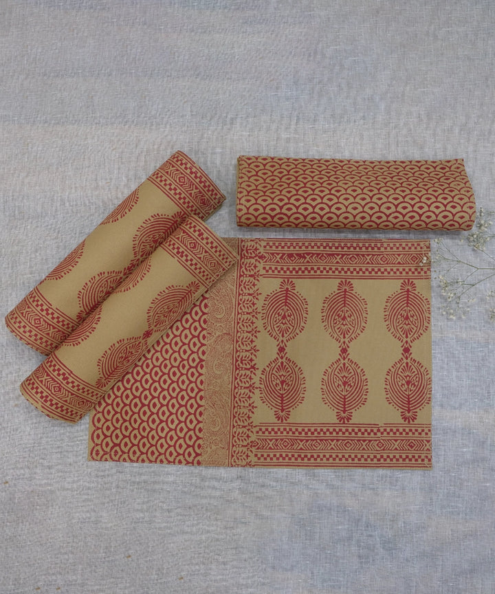 Set of 6 Beige and Maroon Cotton Canvas Hand Block Printed Table Mats