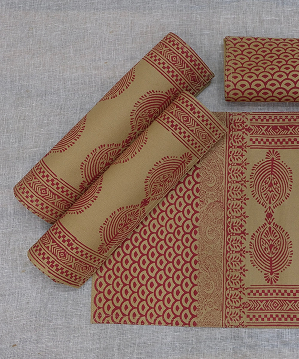 Set of 6 Beige and Maroon Cotton Canvas Hand Block Printed Table Mats
