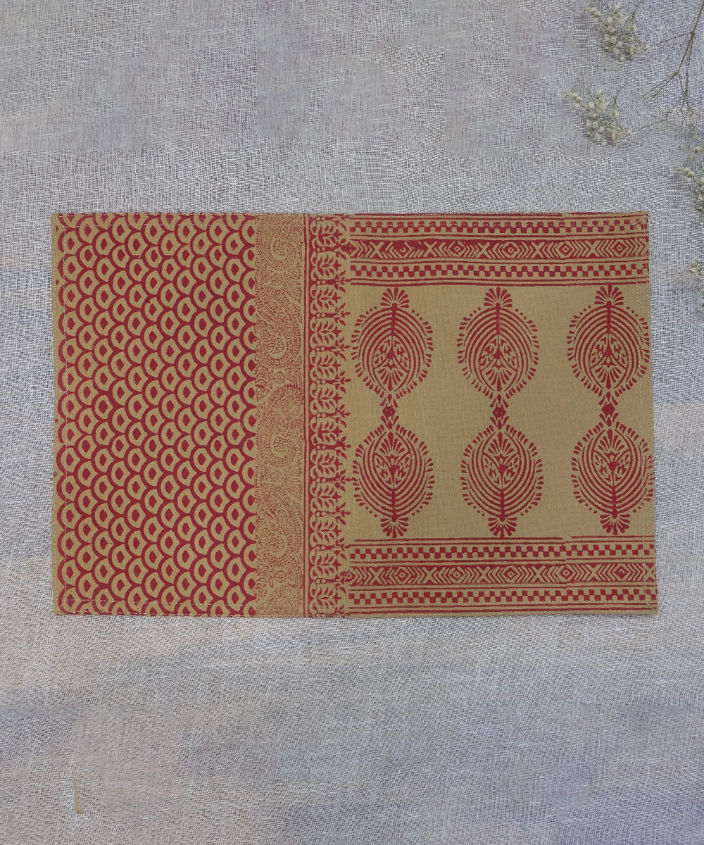 Set of 6 Beige and Maroon Cotton Canvas Hand Block Printed Table Mats