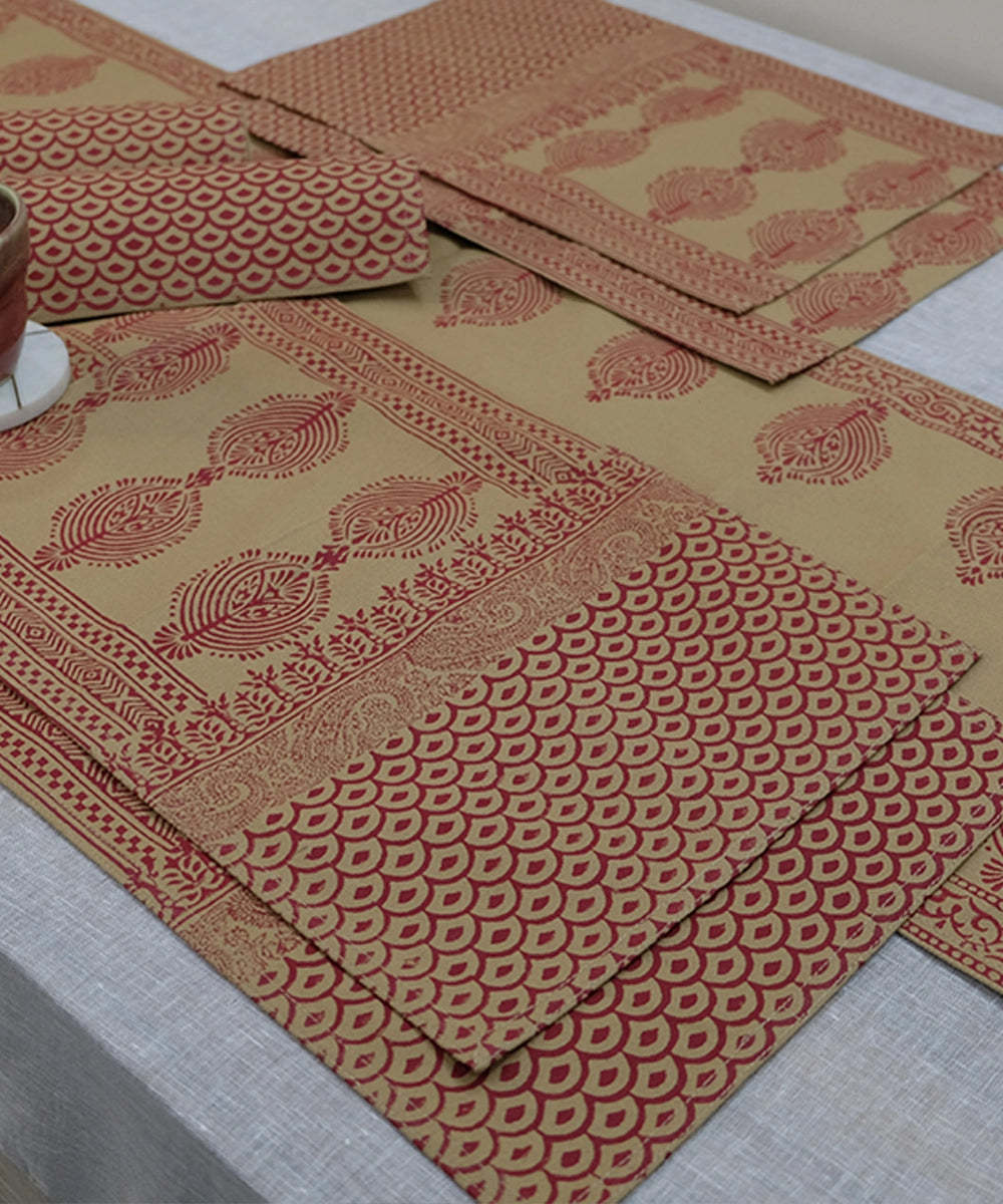 Set of 6 Beige and Maroon Cotton Canvas Hand Block Printed Table Mats