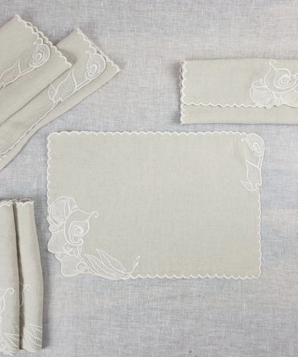 Set of 6 Natural Beige Pure Linen Embroidered Cutwork Table Mat