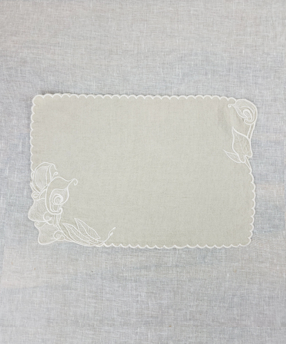 Set of Beige Pure Linen Cutwork Embroidered Table Runner with 6 pcs Table Mats