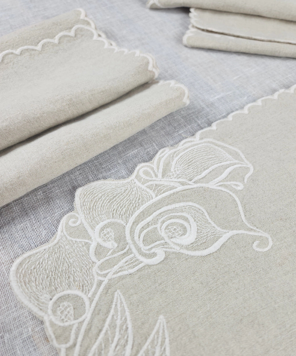 Set of 6 Natural Beige Pure Linen Embroidered Cutwork Table Mat