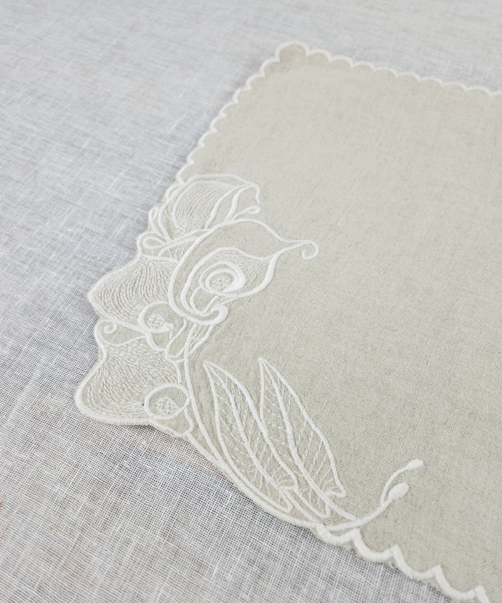 Set of Beige Pure Linen Cutwork Embroidered Table Runner with 6 pcs Table Mats