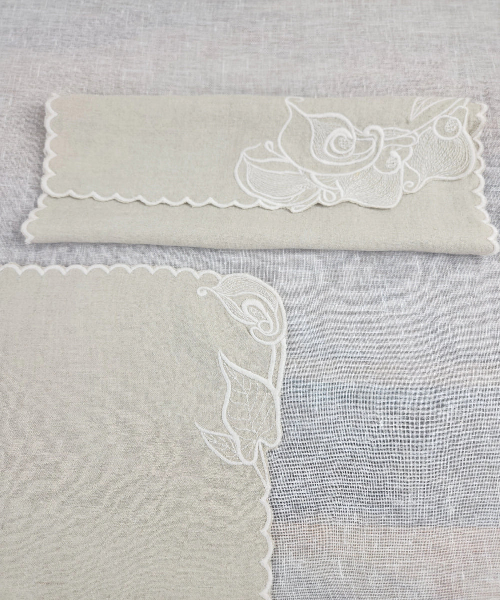 Set of 6 Natural Beige Pure Linen Embroidered Cutwork Table Mat