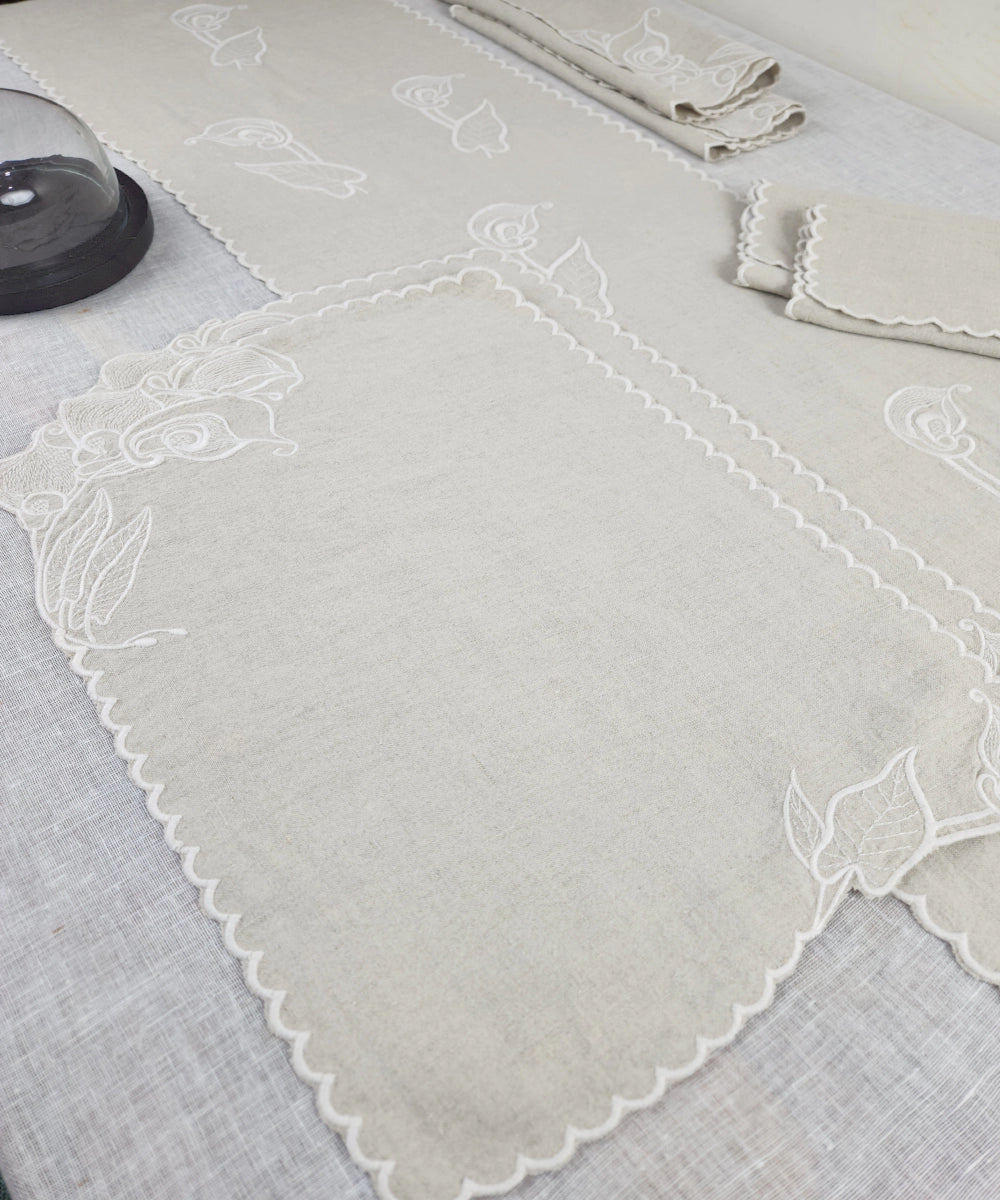 Set of 6 Natural Beige Pure Linen Embroidered Cutwork Table Mat