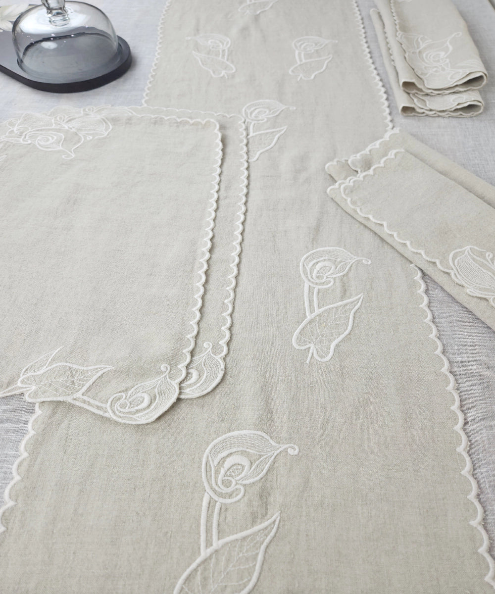 Set of Beige Pure Linen Cutwork Embroidered Table Runner with 6 pcs Table Mats