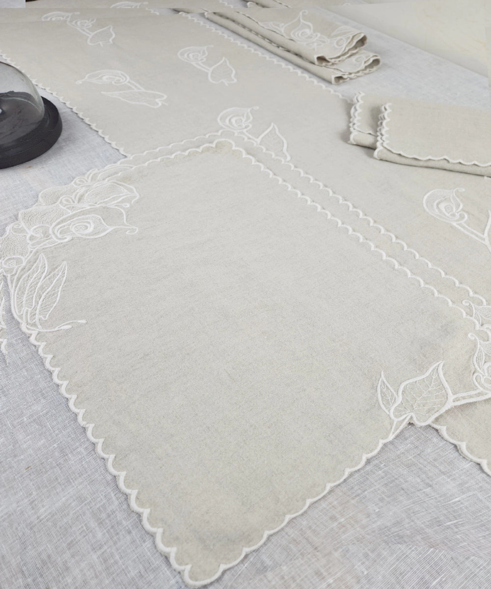 Set of Beige Pure Linen Cutwork Embroidered Table Runner with 6 pcs Table Mats