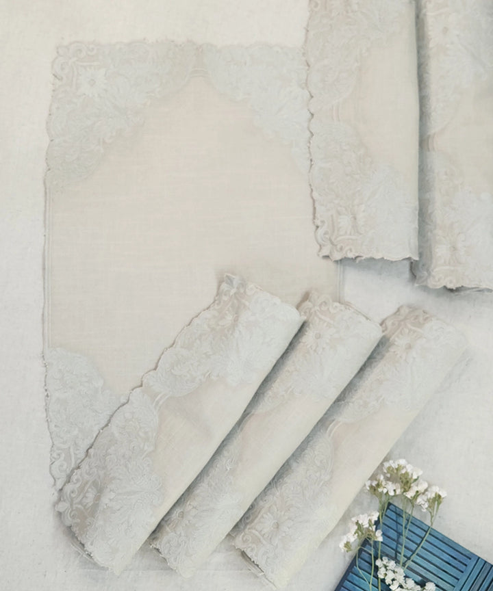 Set Of 6 Beige Embroidery with Cutwork Cotton Slub Table Mats