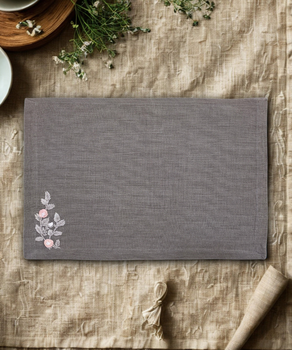 Set of 4 Pcs Grey Hand Embroidered Pure Linen Dining Table Mats