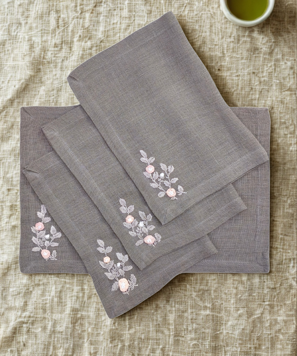 Set of 4 Pcs Grey Hand Embroidered Pure Linen Dining Table Mats