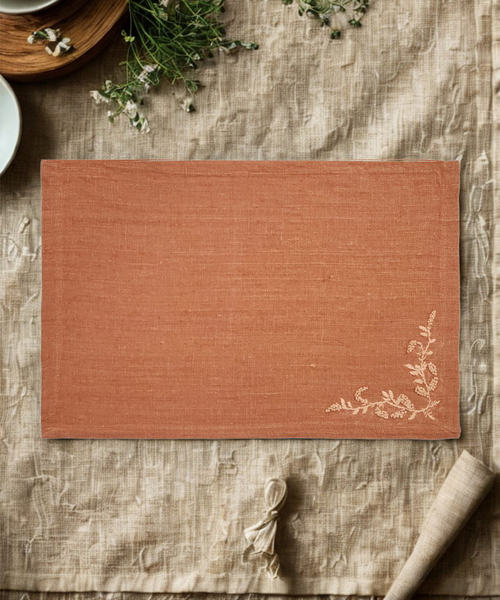 Set of 4 Pcs Rust Hand Embroidered Pure Linen Dining Table Mats