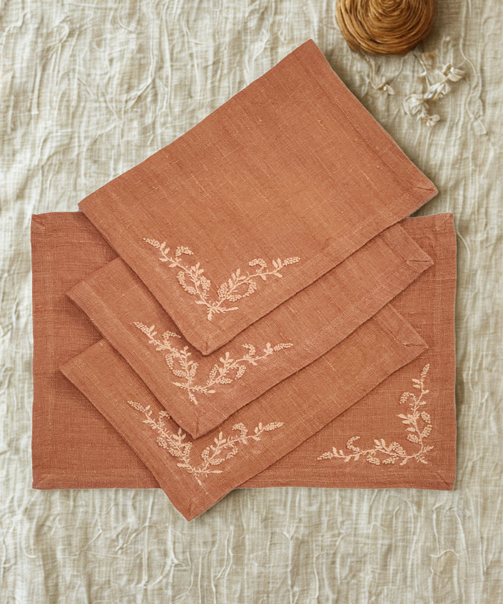 Set of 4 Pcs Rust Hand Embroidered Pure Linen Dining Table Mats