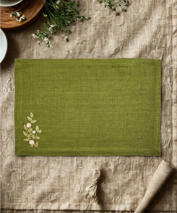 Set of 4 Pcs Olive Hand Embroidered Pure Linen Dining Table Mats