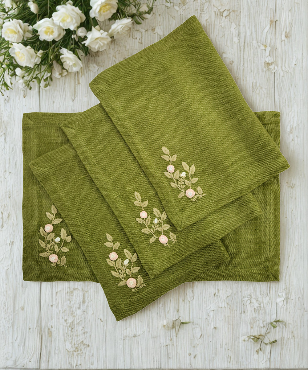 Set of 4 Pcs Olive Hand Embroidered Pure Linen Dining Table Mats