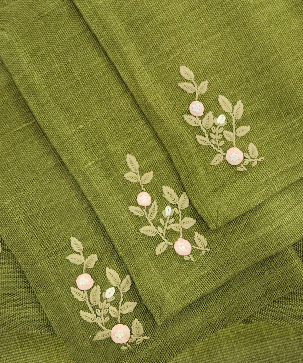 Set of 4 Pcs Olive Hand Embroidered Pure Linen Dining Table Mats