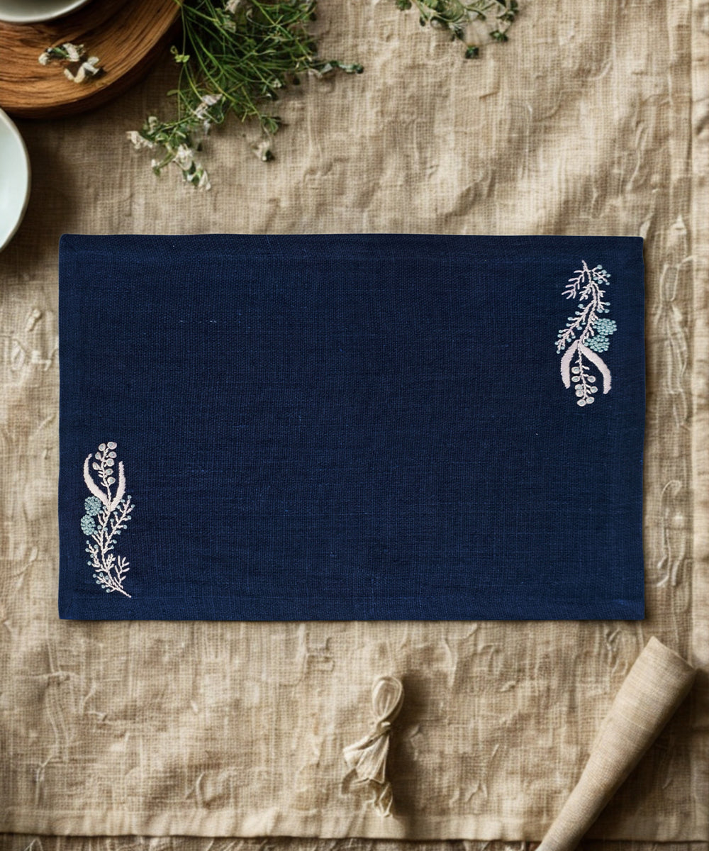 Set of 4pcs navy hand embroidered pure linen dining table mats