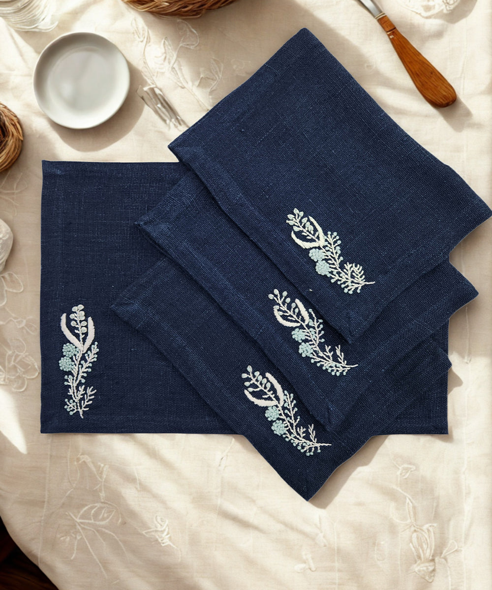 Set of 4pcs navy hand embroidered pure linen dining table mats ...