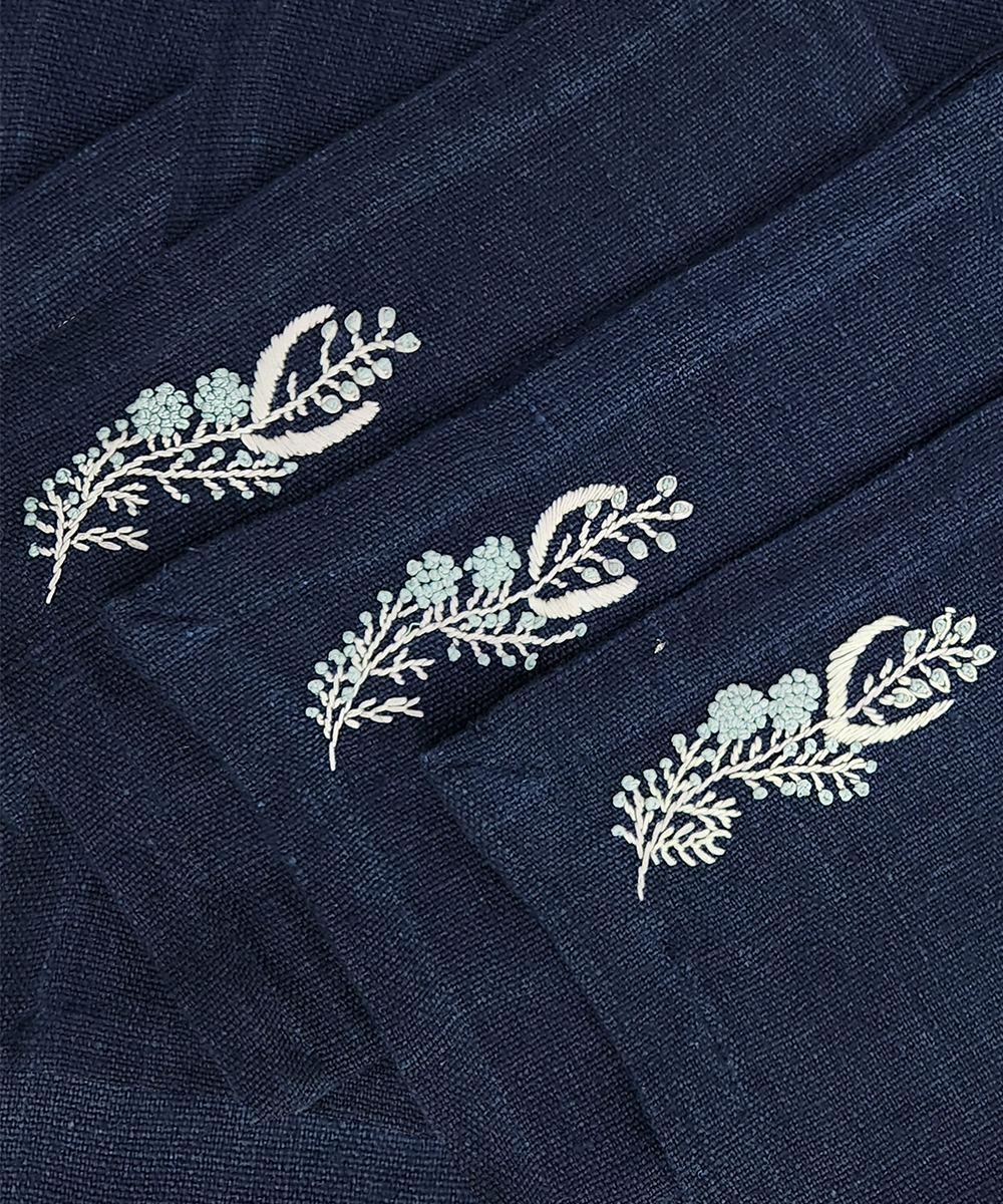 Set of 4pcs navy hand embroidered pure linen dining table mats