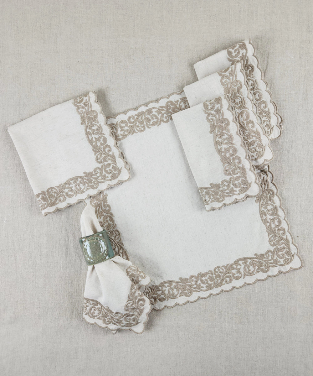 Set of 6 pcs Natural Beige Cotton Flex Cutwork Embroidered Table Napkins (14.5"x15.5")