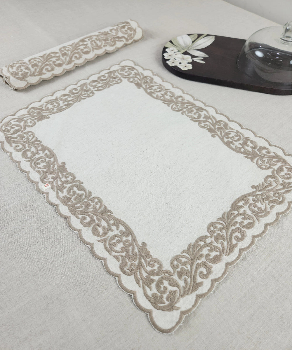 Natural Beige Cotton Flex Cutwork Table Linen Set – Set of 6 Placemats & 1 (6-Seater) Table Runner