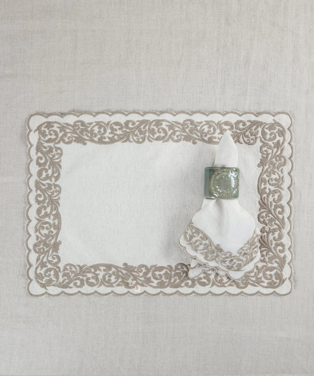 Set of 6 Natural Beige Cotton Flex Table Mats & Table Napkins with Embroidery and Cutwork