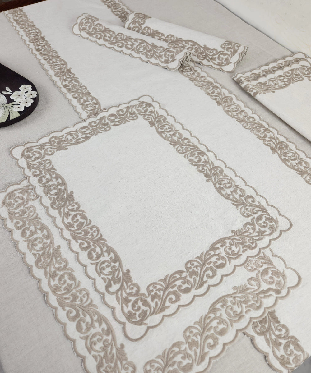 Natural Beige Cotton Flex Cutwork Table Linen Set – Set of 6 Placemats & 1 (6-Seater) Table Runner