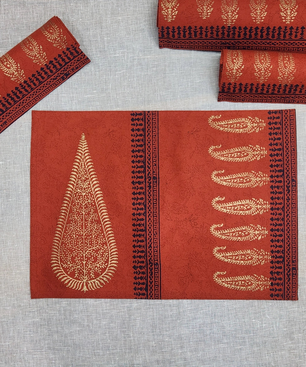 Rust Block Print Table Linen Gift Set | 1 Runner + 6 Mats + 6 Napkins