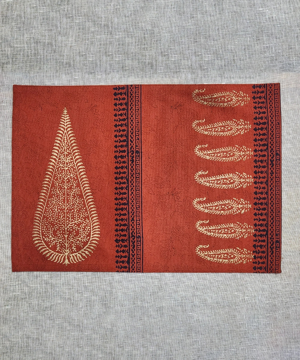 Set of 6 pcs Burnt Orange hand block printed cotton canvas Table Mats with 1 pc 6 seater Table Runner