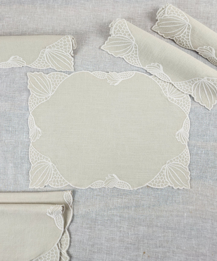 Set of 6 Beige Cotton Slub Cutwork Embroidered Table Mat