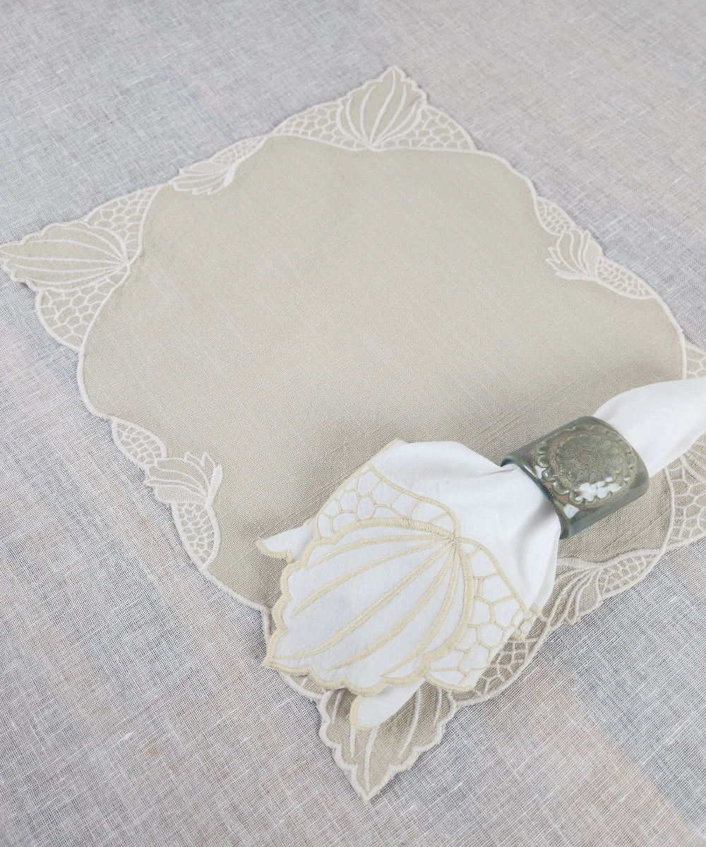 Set of 6 Beige Cotton Slub Table Mats & Table Napkins with Embroidery and Cutwork