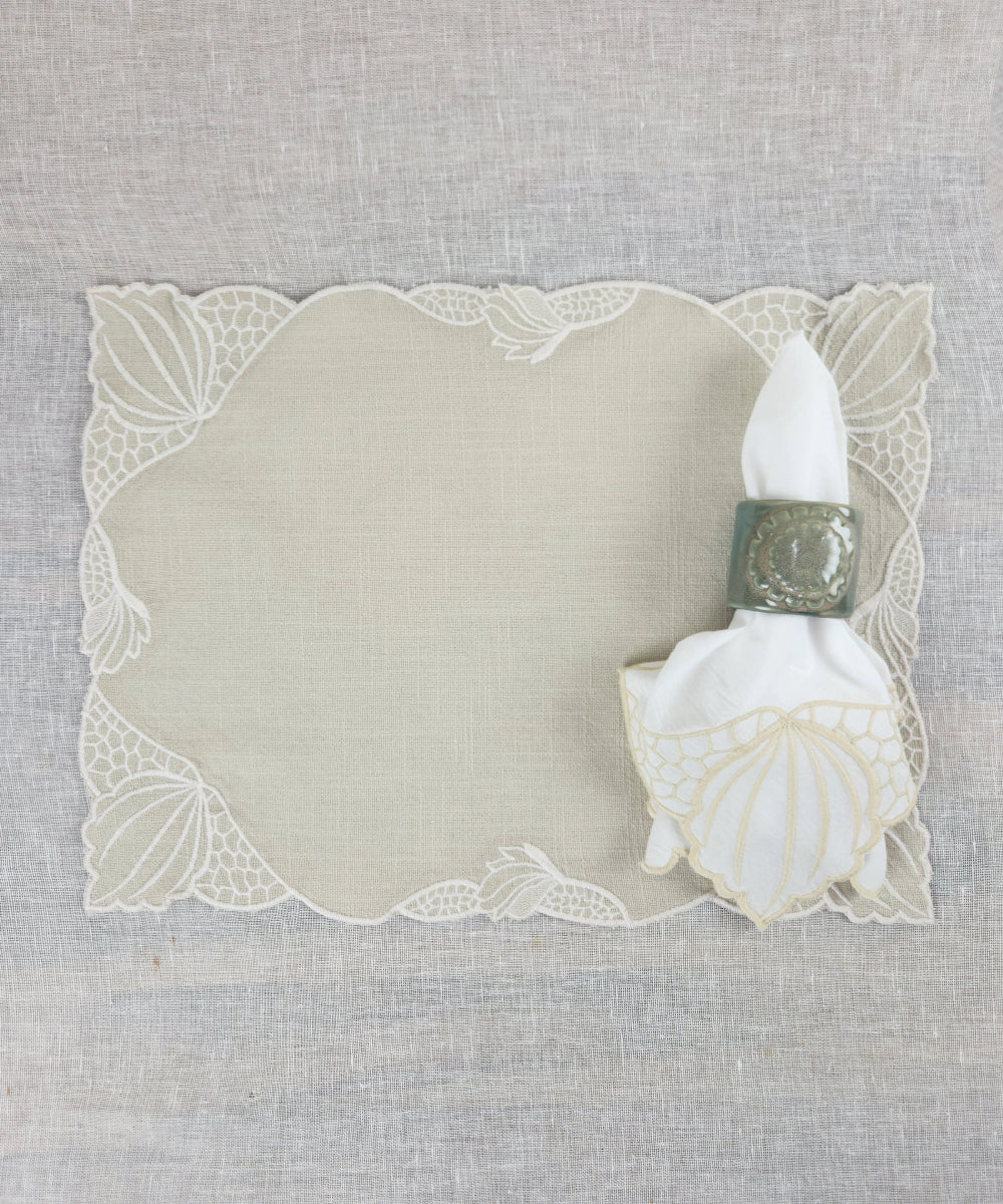 Set of 6 Beige Cotton Slub Table Mats & Table Napkins with Embroidery and Cutwork