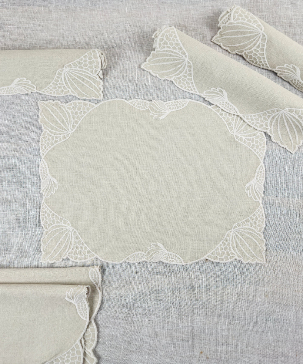 Set of 6 Beige Cotton Slub Table Mats & Table Napkins with Embroidery and Cutwork