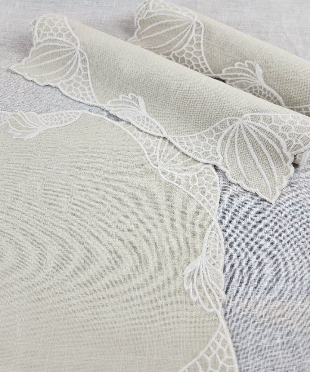 Set of 6 Beige Cotton Slub Table Mats & Table Napkins with Embroidery and Cutwork