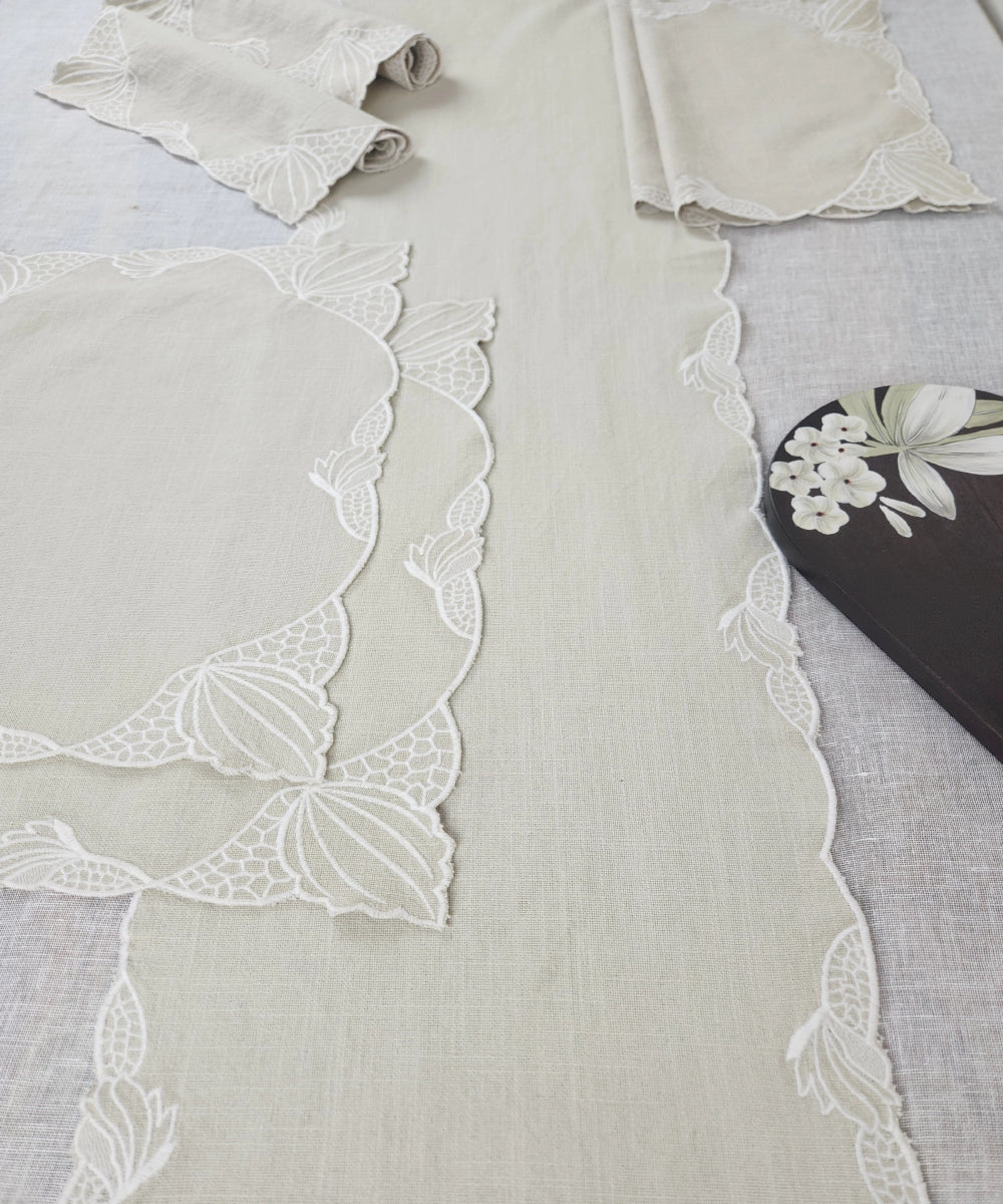 Natural Beige Cotton Slub Cutwork Table Linen Set – Set of 6 Placemats & 1 (6-Seater) Table Runner