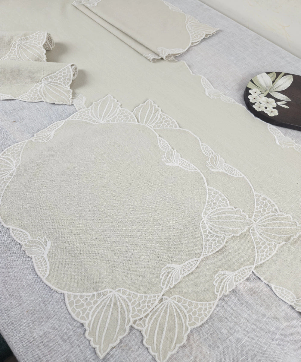 Natural Beige Cotton Slub Cutwork Table Linen Set – Set of 6 Placemats & 1 (6-Seater) Table Runner