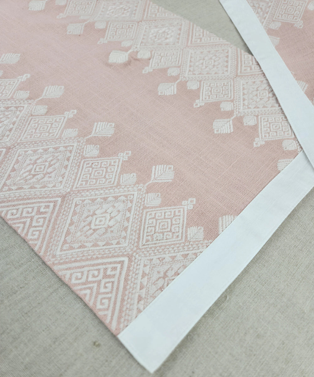 Set of 6 Coral Cotton Slub Geometric Embroidered Table Mat