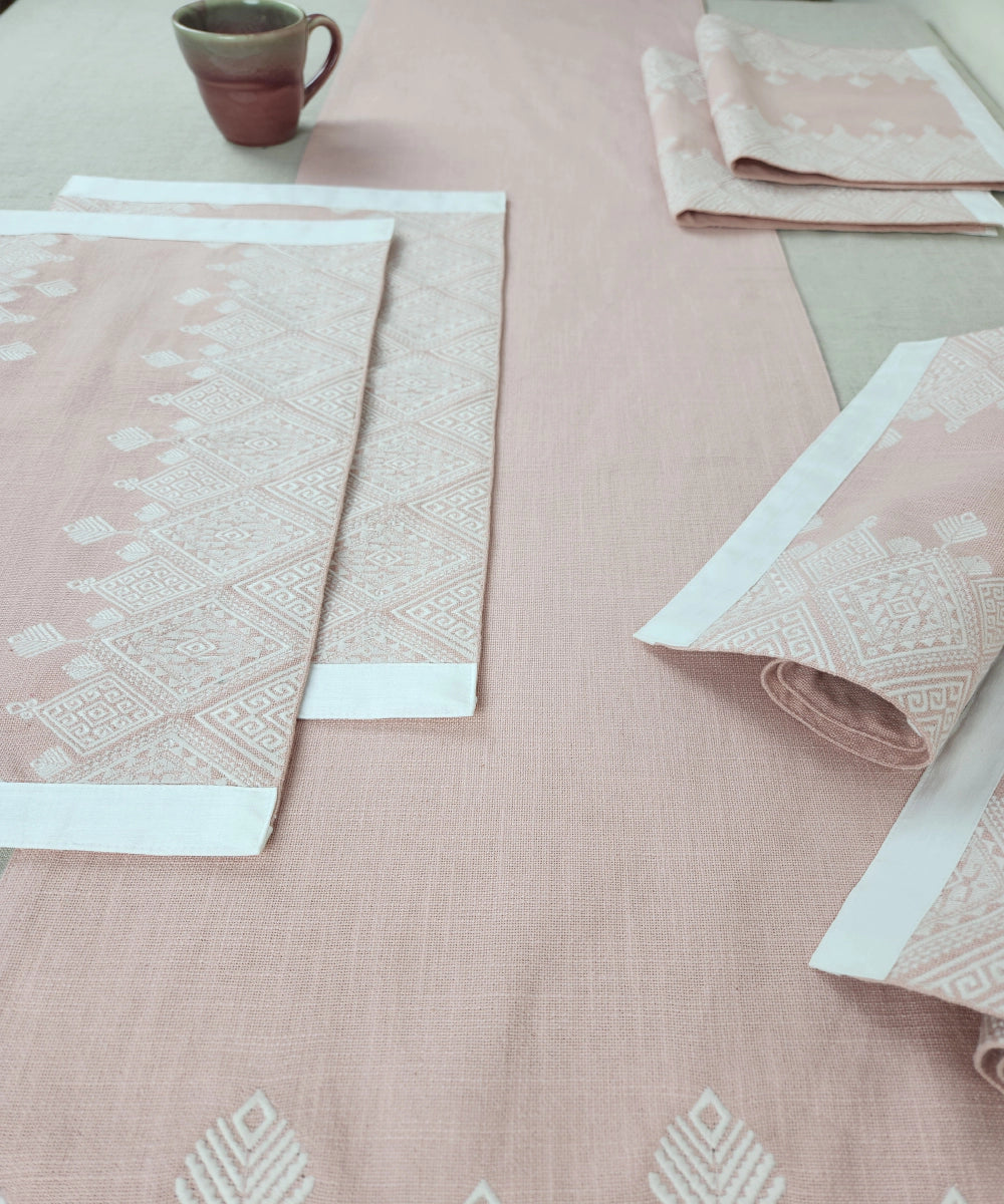 Coral Geometric Embroidered Cotton Slub Table Linen Set – Set of 6 Placemats & 1 (6-Seater) Table Runner