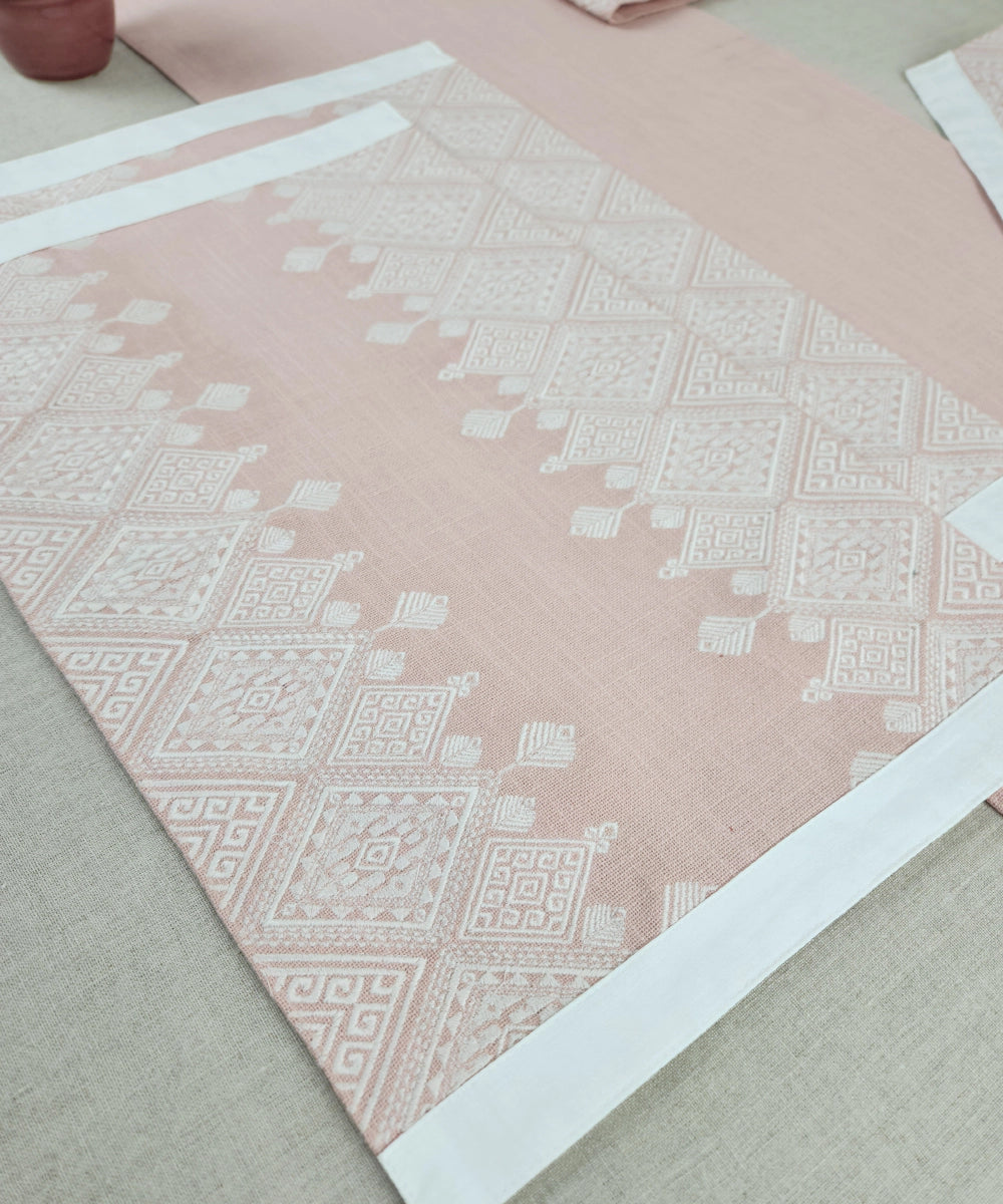 Coral Geometric Embroidered Cotton Slub Table Linen Set – Set of 6 Placemats & 1 (6-Seater) Table Runner