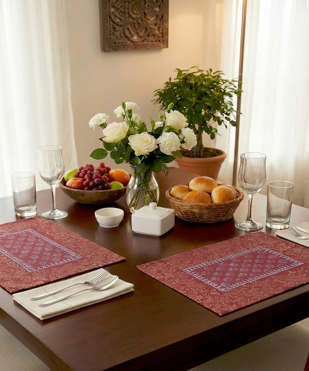 Set of 6 pcs Maroon  Block Printed Cotton Canvas Table Mats