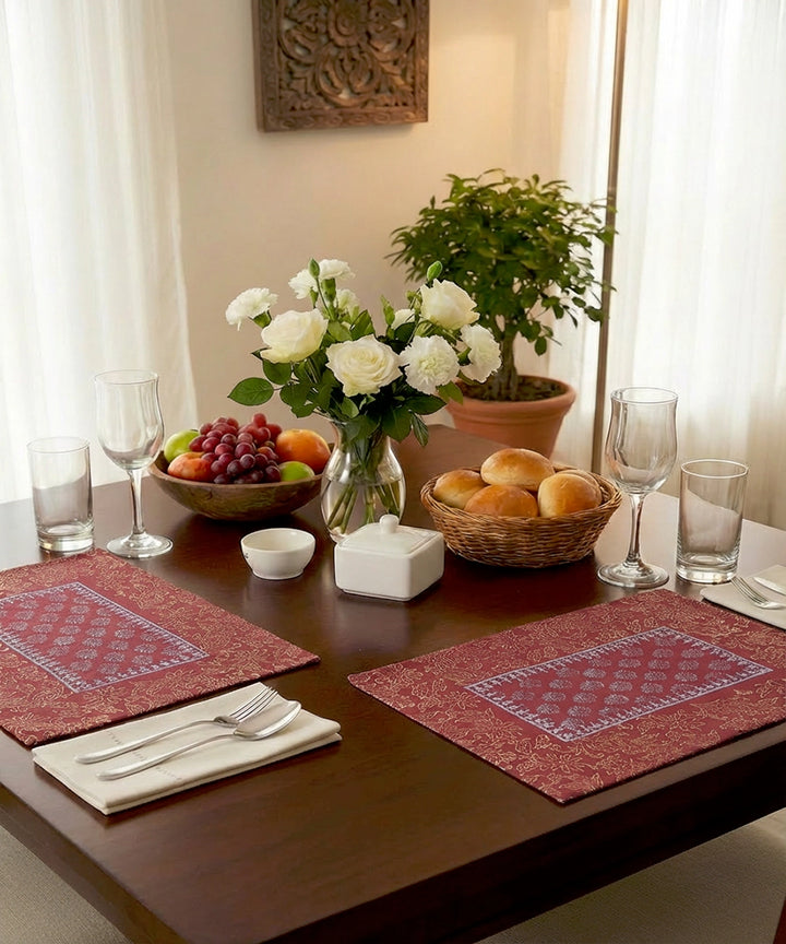 Set of 6 pcs Maroon  Block Printed Cotton Canvas Table Mats