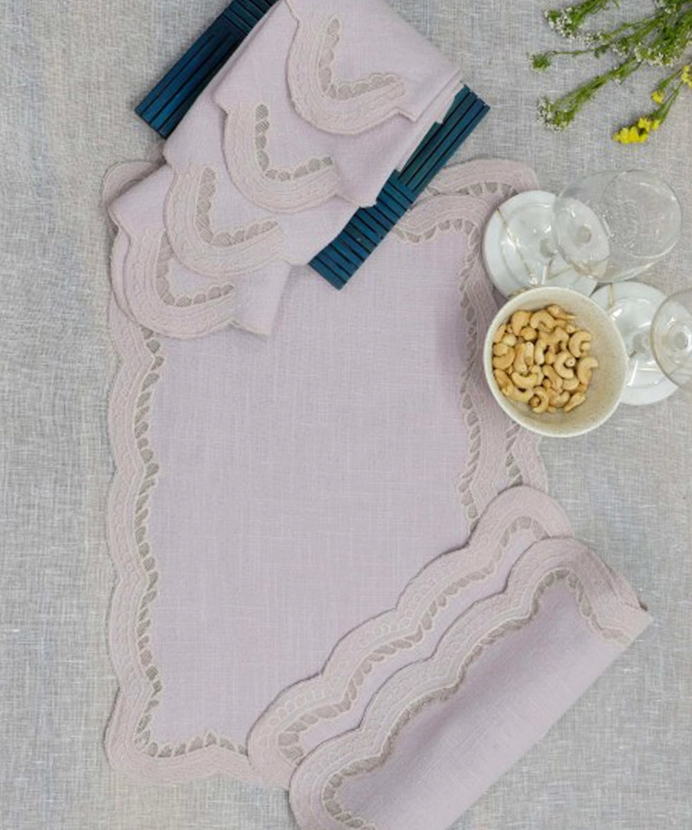 Table Mats & Napkin set in Dusty Pink Cutwork Embroidered Cotton Slub (Set of 8 pcs)