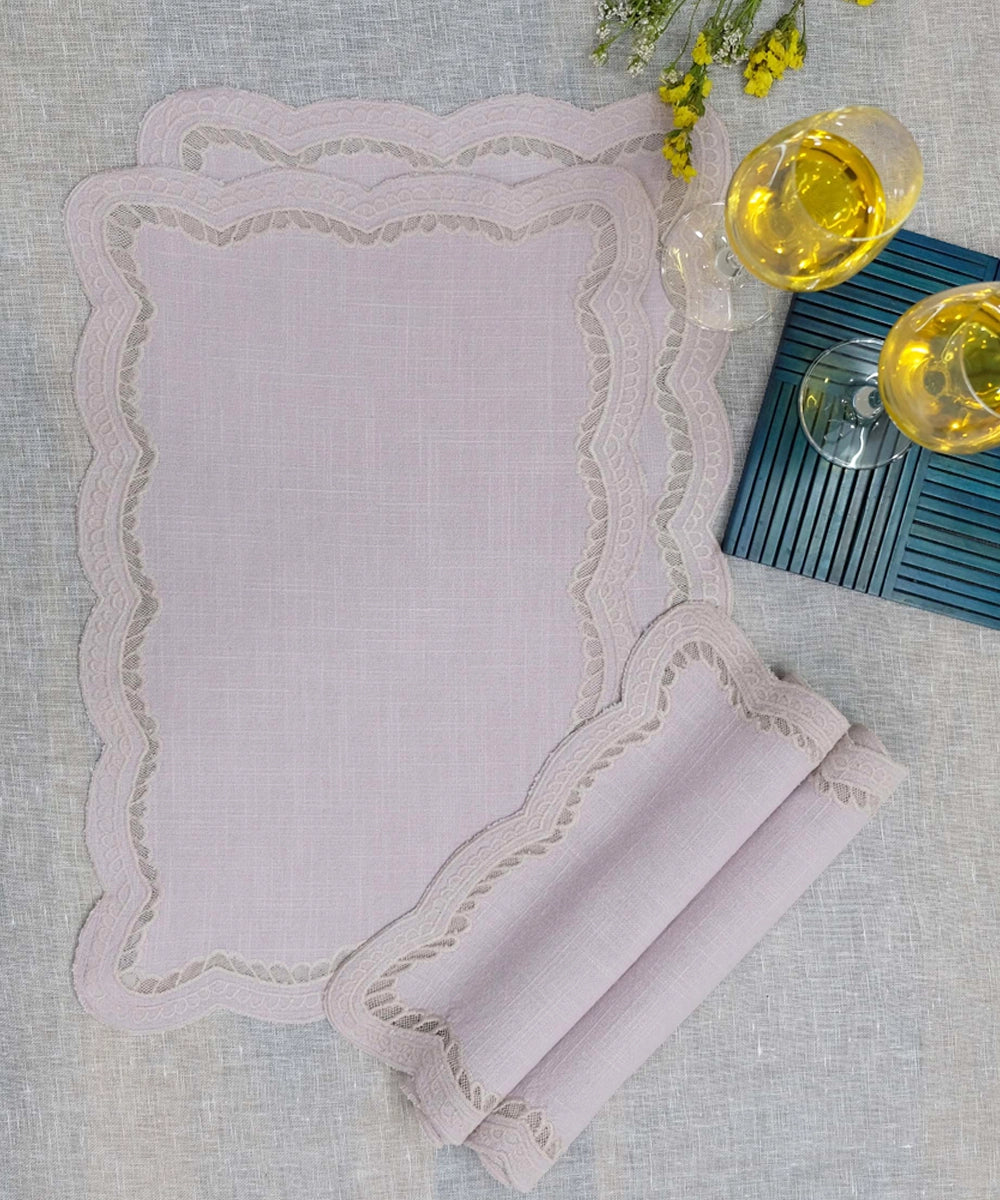 Table Mats & Napkin set in Dusty Pink Cutwork Embroidered Cotton Slub (Set of 8 pcs)