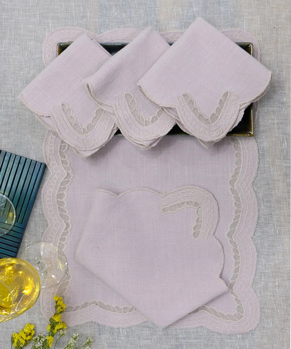 Table Mats & Napkin set in Dusty Pink Cutwork Embroidered Cotton Slub (Set of 8 pcs)