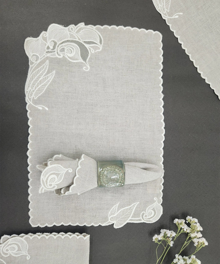 Set Of 6 Natural Beige Embroidery With Cutwork Pure Linen Table Mats and Table Napkins Set